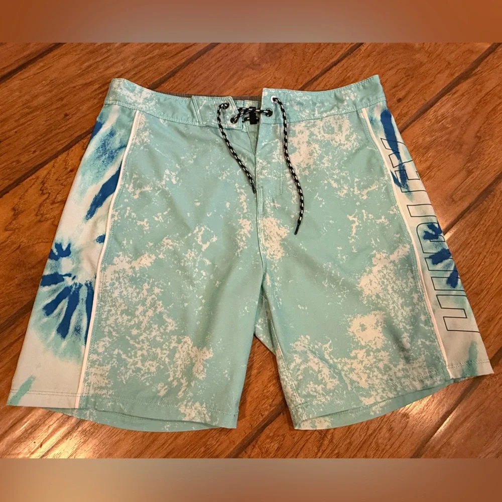 Hurley swim trunks shorts men’s 31 teal blue tie dye patterned ocean pocket nice